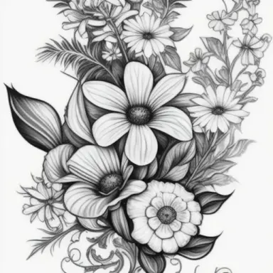 tattoo design of flowers, linneas, snapdragons, daisies, gardenias, outlines