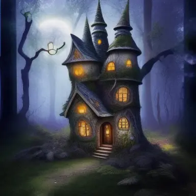 small fairy tail house distorted in a forest in the moonlight