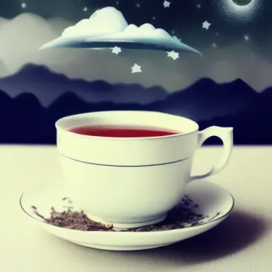 A cup of tea, the tea air is floating upwards, the starry sky universe