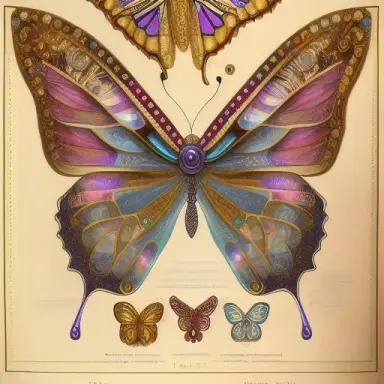 full page diagram of a gorgeous butterfly, intricate, detailed, lifelike, jeweled, lacy, gems, mechanical, golden, writing in an