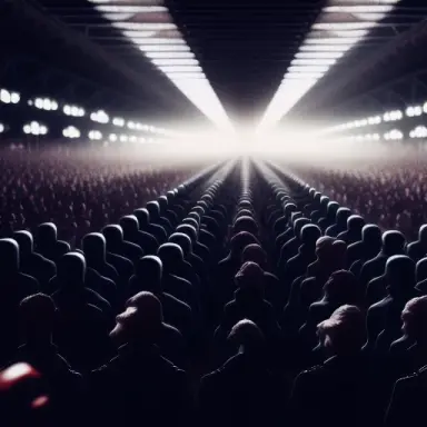 the same type of people stand in an endless row, an impersonal crowd, movie style, cinematic photo, insanely detailed, cinematic