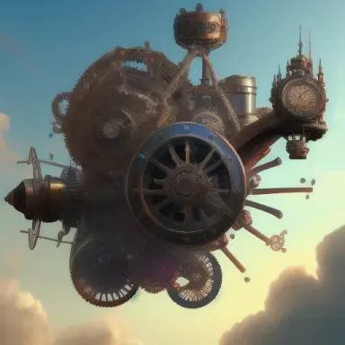 A digital illustration of a steampunk flying machine in the sky with cogs and mechanisms, 4k, detailed, trending in artstation,