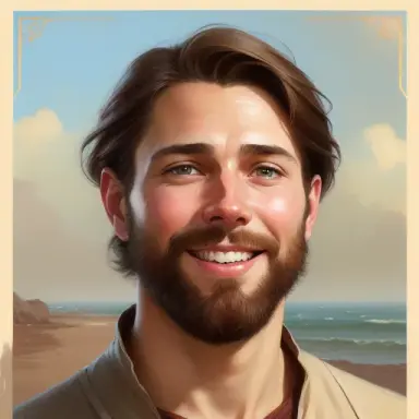portrait of a handsome brown haired young man, smiling, short beard, beautiful brown eyes, minimal, decorative art nouveau bor