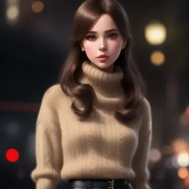 young Disney socialite wearing a beige miniskirt, dark brown turtleneck sweater, small neckless, cute fine face, anime. illustra