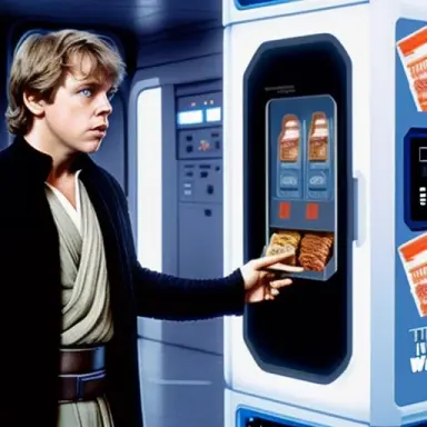 Luke Skywalker trying to get snack from a star wars vending machine but the packet gets stuck