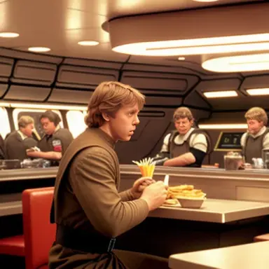 Luke Skywalker ordering a burger and fries from the Death Star canteen