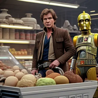 Han Solo grocery shopping in a dingy old scrap shop in Mos Eisley with Princess Leia, C3PO, R2D2