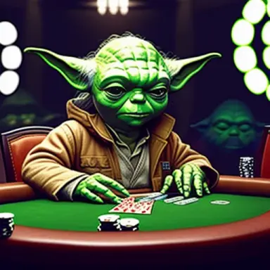 Yoda playing poker in a hazy room, filled with star wars aliens and droids