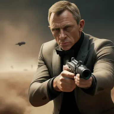 a portrait of james bond aiming with his pistol at an enemy, photorealism, 8k, realistic, post apocalyptic