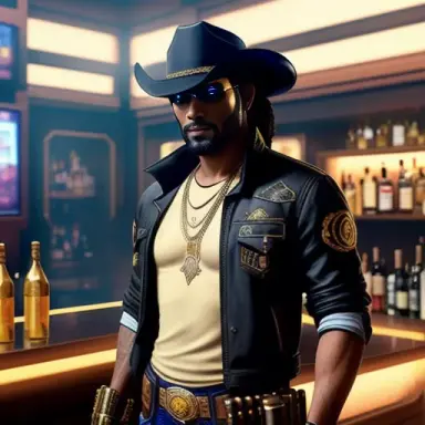 Brown Cowboy in a futuristic setting dystopian cyberpunk with golden revolver inside of a bar, cyber noir