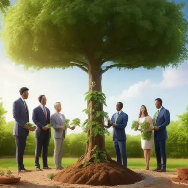 Realistic and captivating representation of profit sharing featuring a group of people planting and nurturing a money tree, symb