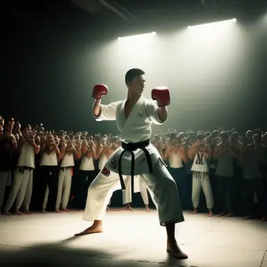 A karate fighter in a fighting stance, in the center of the light, the dazzling sun behind him, surrounded by a crowd of onlooke
