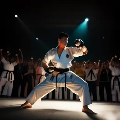 A karate fighter in a fighting stance, in the center of the light, the dazzling sun behind him, surrounded by a crowd of onlooke