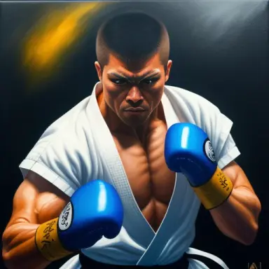 A karate fighter in a fighting stance, focused on his opponent, muscles tense, strong fists ready to strike, the background is d