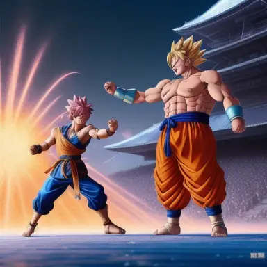 natsu from fairy tail fights his goku from dragon ball in a sumo arena realistic, icy manga technological, art by , bruce pen