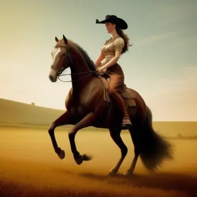 Picture of a woman riding a majestic horse western style through the fields in the style of maude Lewis
