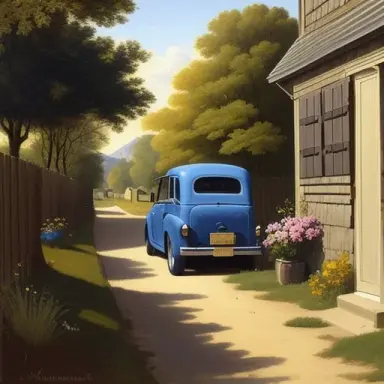 painting, vermeer style, blue american car, country lane