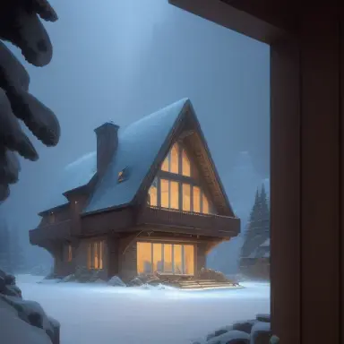 chalet under a snowstorm with triangular windows realistic, icy concept art, art by Gustave Eifell, bruce pennington, in the