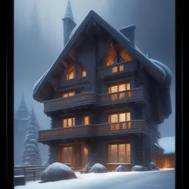 chalet under a snowstorm with triangular windows realistic, icy concept art, art by Gustave Eifell, bruce pennington, in the