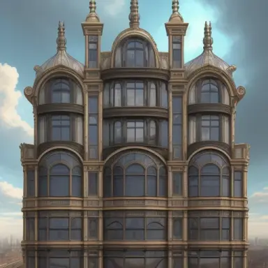 exterior view of a building with oval mirrored windows, drawing, concept art technological, art by gustave Eiffel, Rembrandt,