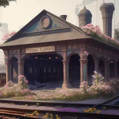 THE DESTROYED TRAIN STATION WITH FLOWERS, This 4K HD image is Trending on Artstation, featured on Behance, well rendered, extra
