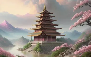 a painting of a mountain landscape with pagodas surrounded by pink flowers and trees, and a river that runs trough, a cloudy sky