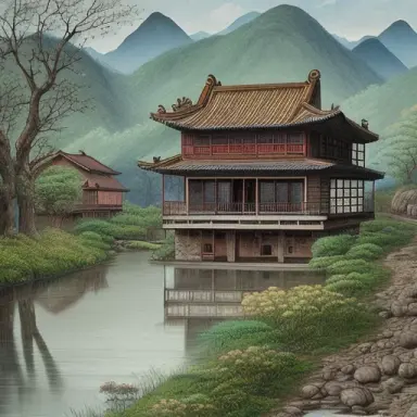 old rural house, 1960s, with a small river in front of it, Chinese Freehand Painting, HDR