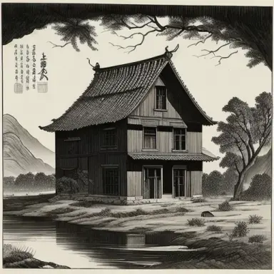 an old house in rural, with a small river in front of it, Chinese Ink Painting, 8k
