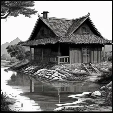 an old house in rural, 1960s, with a small river in front of it, Chinese Ink Painting, HDR