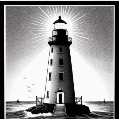 the lighthouse shines into the distance, black and white etching