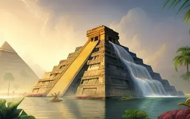 a painting of a city of pyramids in the middle of a jungle, a mayan pyramid in the background, a fountain with a statue of an an