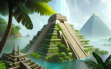 a painting of a city in the middle of a jungle, a mayan pyramid in the background, a statue of an angle in the center, with a la