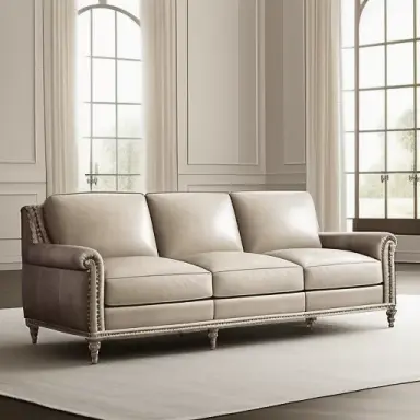 Design a Restoration Hardware inspired light colored leather sofa that embodies timeless elegance, unparalleled comfort, and exc