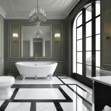british fashion luxurious interior bathroom, light walls, marble