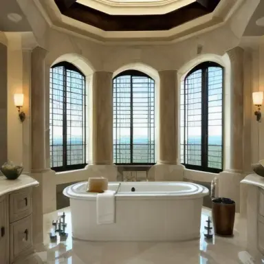 mediterranean luxurious interior bathroom, light walls, marble stone