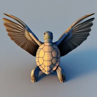 Turtle, long wings, feathers, 3D