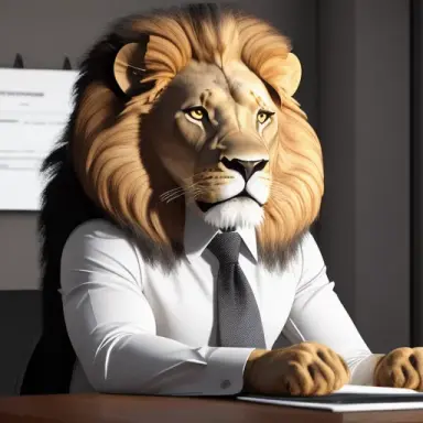 ultra realistic, ((a head lion animal in business man uniform)), full body, office, table in room, 4k, 8K, HQ, HDR, high detail,