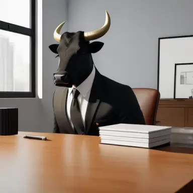 Photorealistic, ((a bull animal in business man uniform)), office room, table in room, 4k, 8K, HQ, HDR, high detail, study light