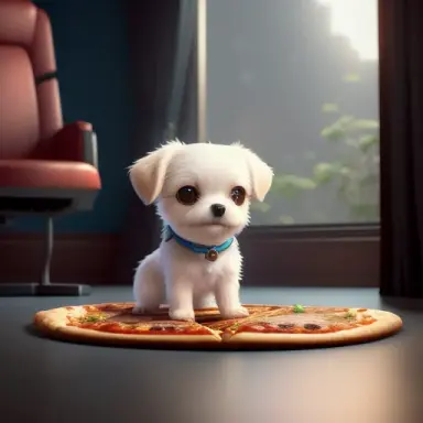 Cute small dog sitting in a movie theater eating pizza watching a movie ,unreal engine, cozy indoor lighting, artstation, detail