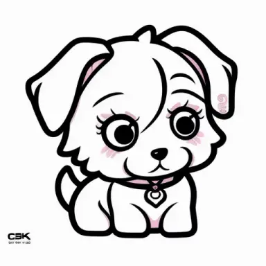 Cute puppy dog chibi drawing, fine line thickness, graphic art, kawaii, side angle view, sharp detail, white background 4k