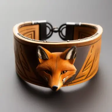 fox bracelet made of buckskin with fox features, rich details, fine carvings, studio lighting