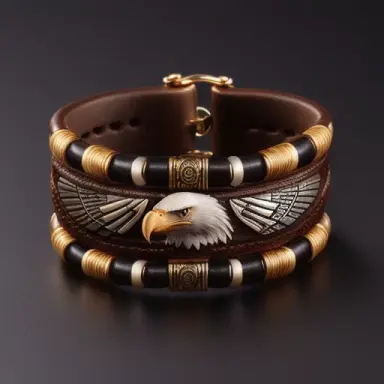 eagle bracelet made of buckskin with eagle features, rich details, fine carvings, studio lighting