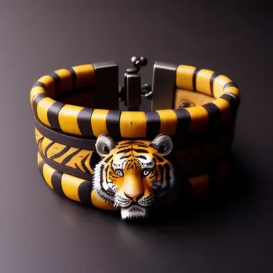 tiger bracelet made of buckskin with tiger features, rich details, fine carvings, studio lighting