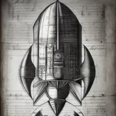 Technical sketch, Leonardo da Vinci, Rocket, Spacecraft, Hand drawn annotations, Intricate design and engineering, Scientific cu