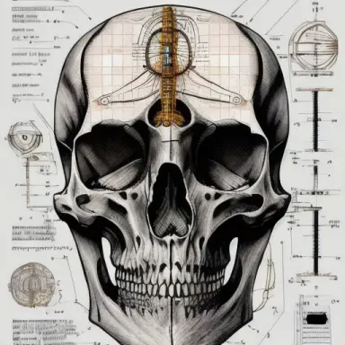 Simplified technical drawing, da Vinci, mechanical human skeleton, minimalist annotation, hand drawn illustrations, basic design