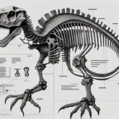 Simplified technical drawing, Leonardo da Vinci, Mechanical Dinosaur Skeleton, Minimalistic annotations, Hand drawn illustration