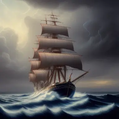 higly detailed, majestic royal tall ship on a stormy sea,realistic painting, by Charles Gregory Artstation and Antonio Jacobsen