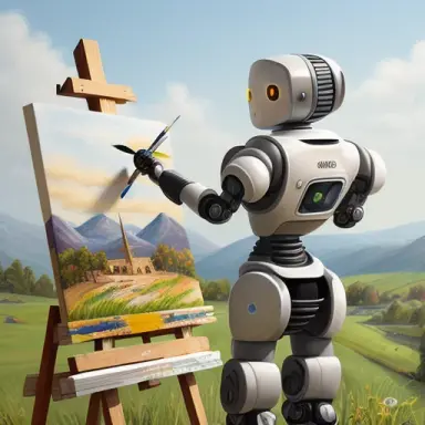 a detailed futuristic (robot 1.2) holding a paintbrush in hand is (performing painting) of a landscape on an easel, back view, a