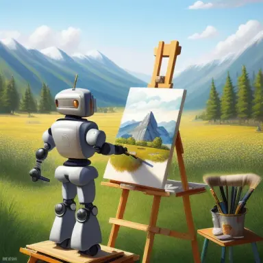 a detailed futuristic (robot 1.2) holding a paintbrush in hand is (performing painting) of a landscape on an easel, back view, a