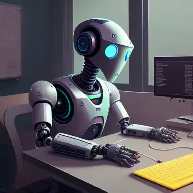 a robot, busily coding away on his computer, was determined to create a new, exciting discord bot. in a painting from stalenhag,
